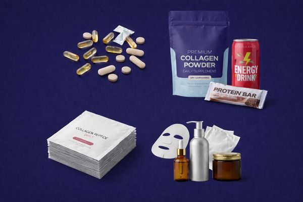 Four collagen products: supplements, collagen powder pouch, daily sachets, and skincare items including a face mask.