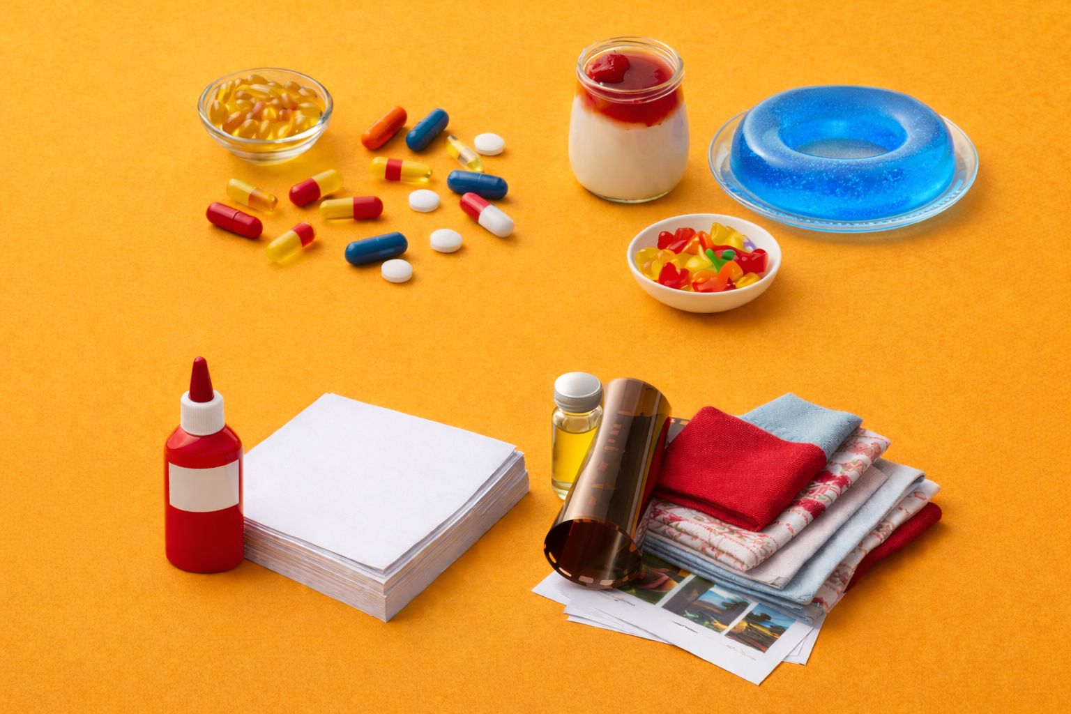 Pharmaceutical capsules and tablets, food desserts including gummy bears and jelly, and photographic film and paper, showcasing gelatin applications.